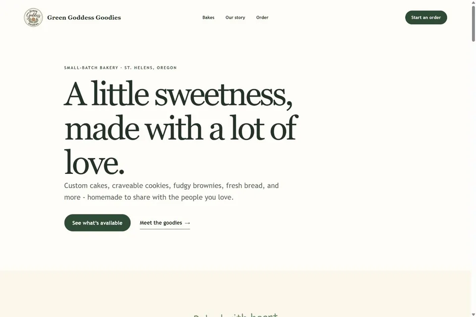 Green Goddess Goodies bakery home page with its cream and green design