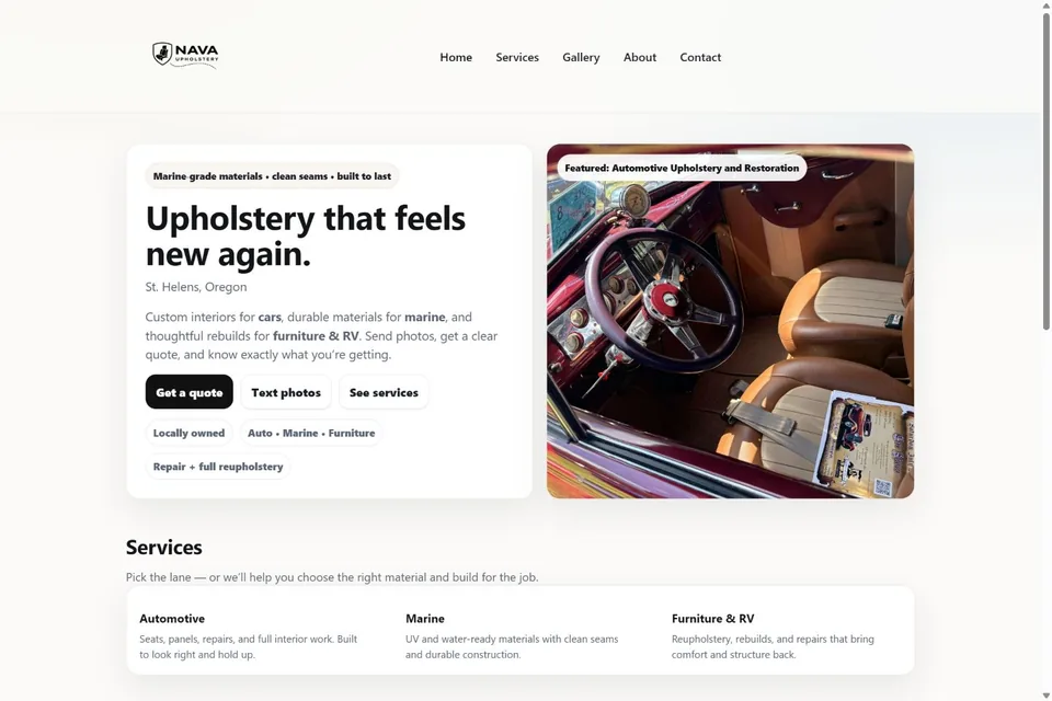 NAVA Upholstery home page featuring a restored automotive interior