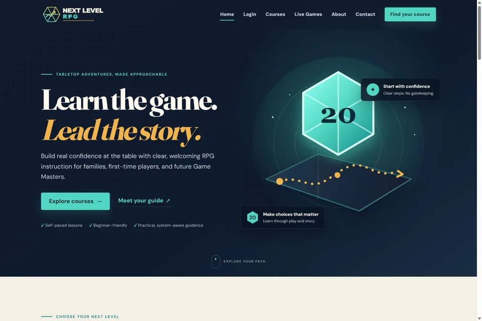 Next Level RPG home page with a glowing twenty-sided die and tabletop learning courses