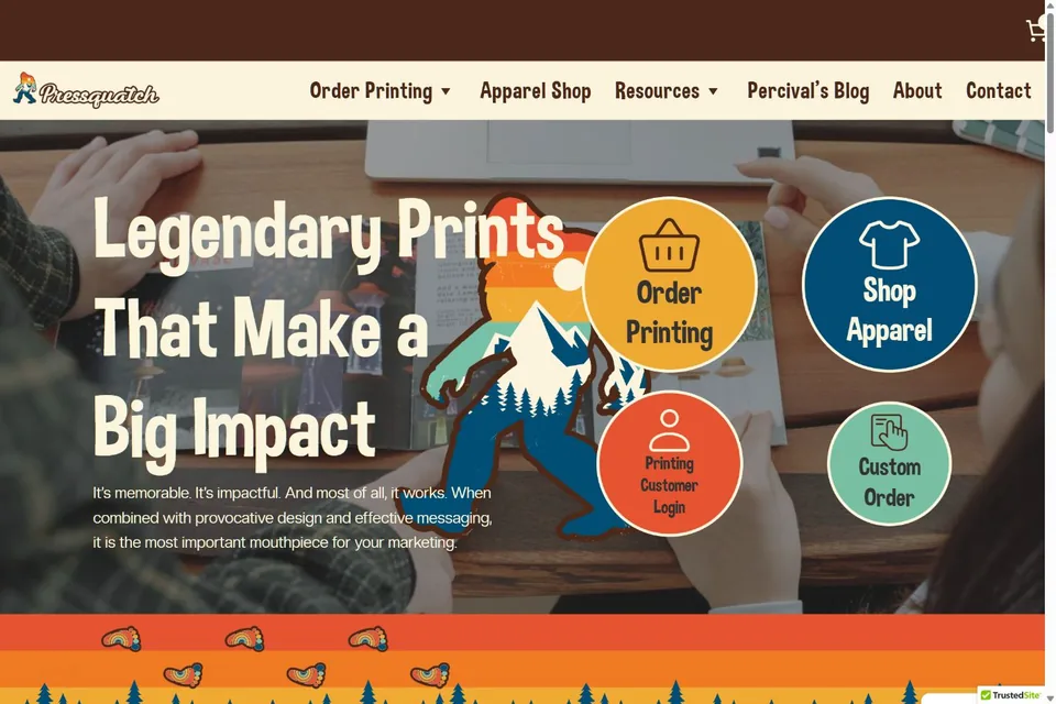 Pressquatch home page with its illustrated Sasquatch branding and printing services
