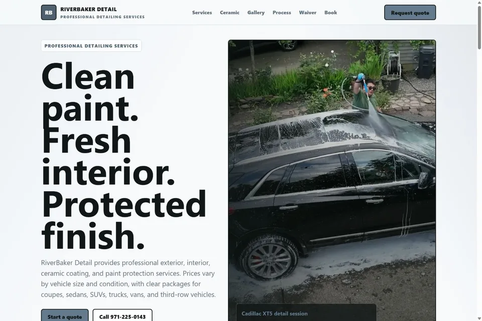 Riverbaker Detail home page showing professional vehicle detailing