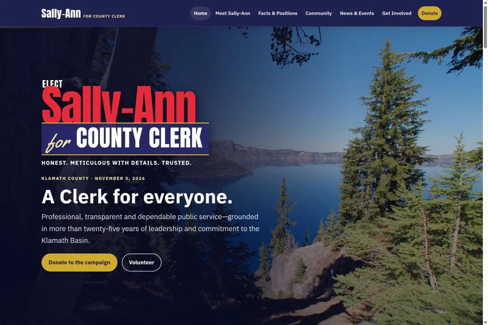 Sally-Ann for County Clerk campaign home page with its red and gold lettering over Crater Lake